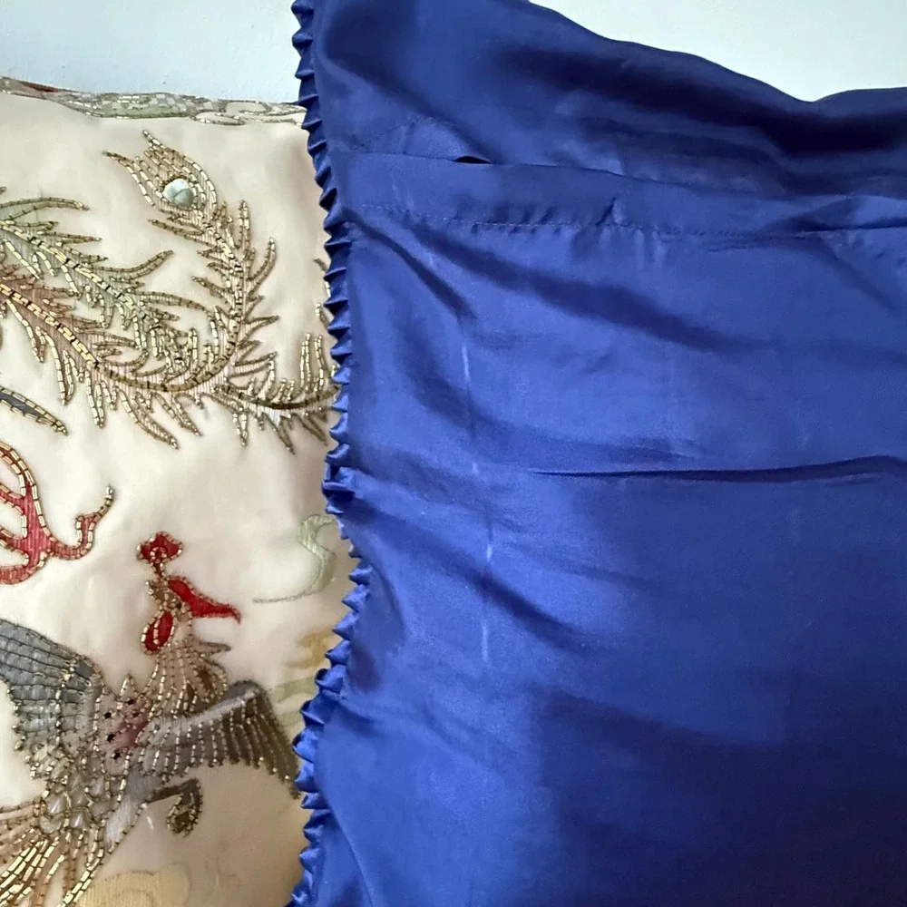 Vtg Golden Cloud Hand-Embroidered Bird Decorative Pillows Silk Blend Blue Trim